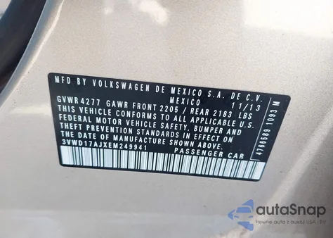 2014 Volkswagen Jetta 1.8T Se z USA, uszkodzony, nr VIN 3VWD17AJXEM249941